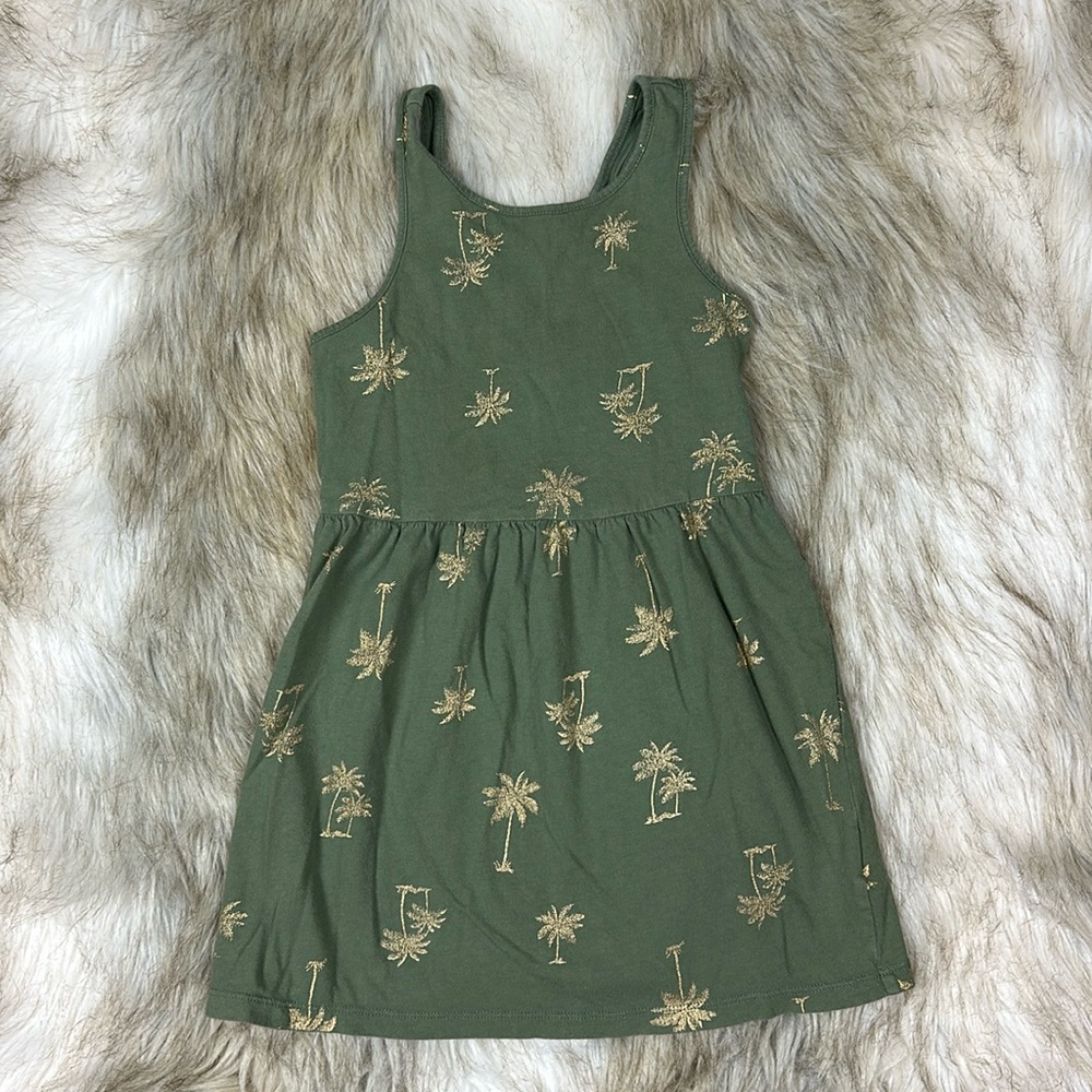 Old Navy Girls Olive Green Gold Palm Tree Sleeveless Dress XS 5